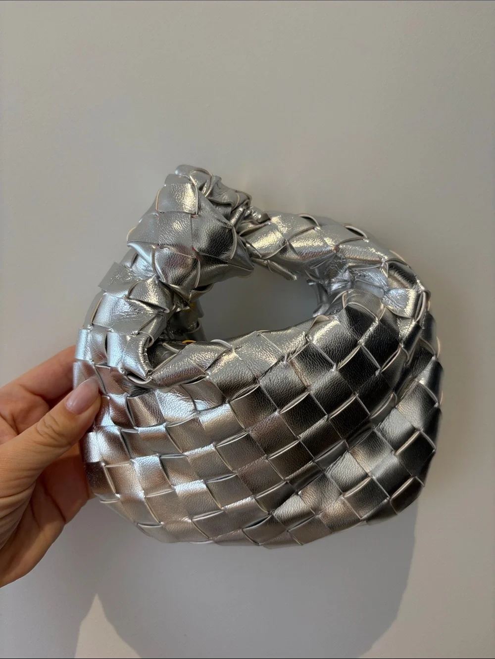 Bottega Veneta Style Metallic Silver Intrecciato Mini Pouf